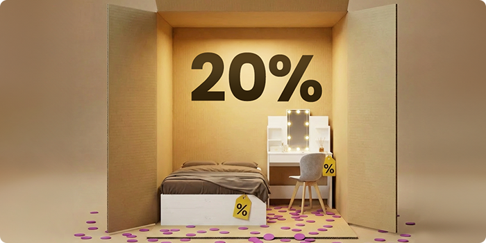 Moderne Schlafzimmermöbel mit weißem Bett und beigefarbenem Schminktisch in einer Box-Darstellung, mit 20% Rabatt auf Schlafzimmer-Basics.