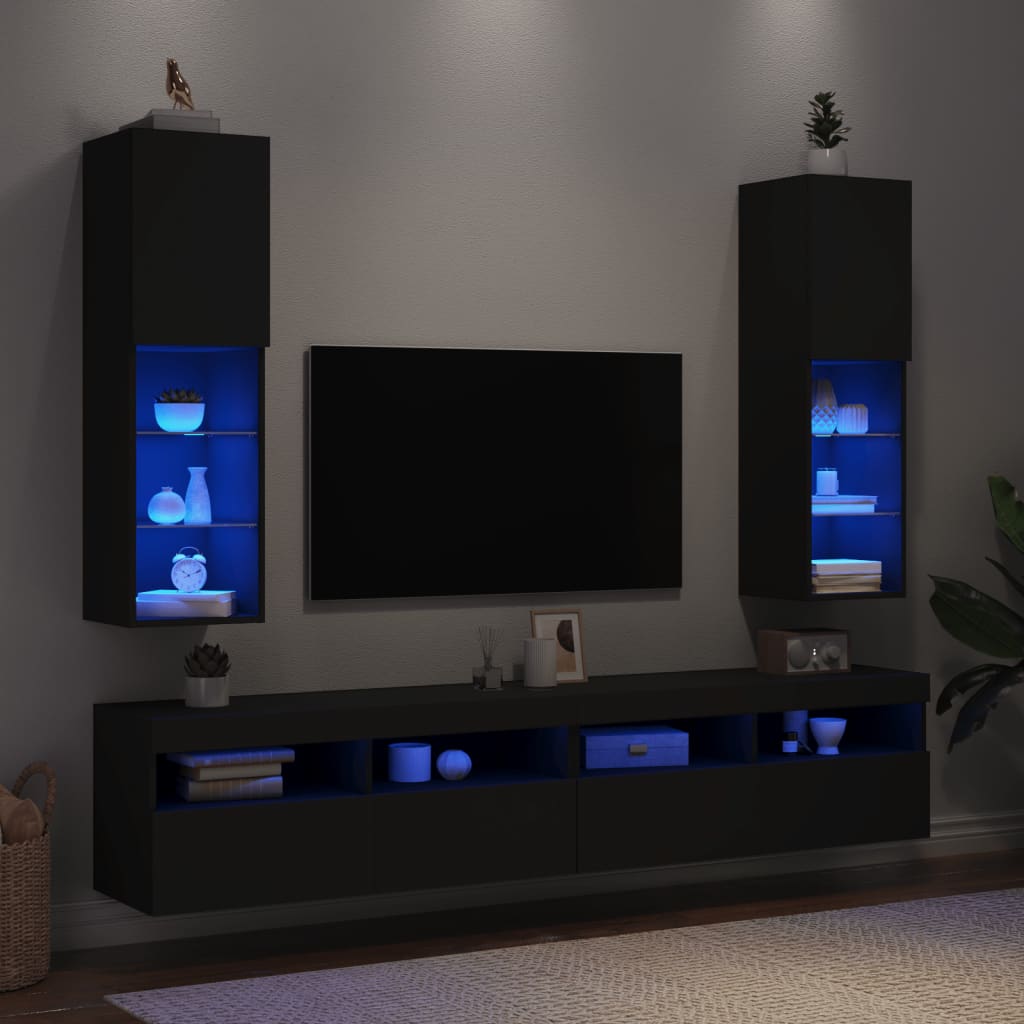 vidaXL TV-Schränke mit LED-Leuchten 2 Stk. Schwarz 30,5x30x102 cm