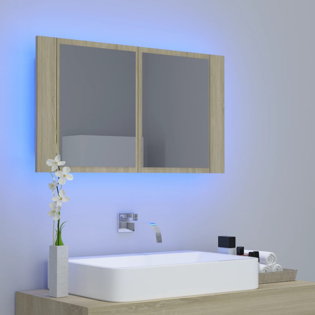 vidaXL LED-Bad-Spiegelschrank Sonoma-Eiche 80x12x45 cm Acryl
