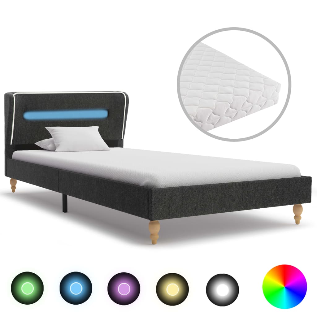 vidaXL Bett mit LED und Matratze Dunkelgrau Sackleinen 90 x 200 cm