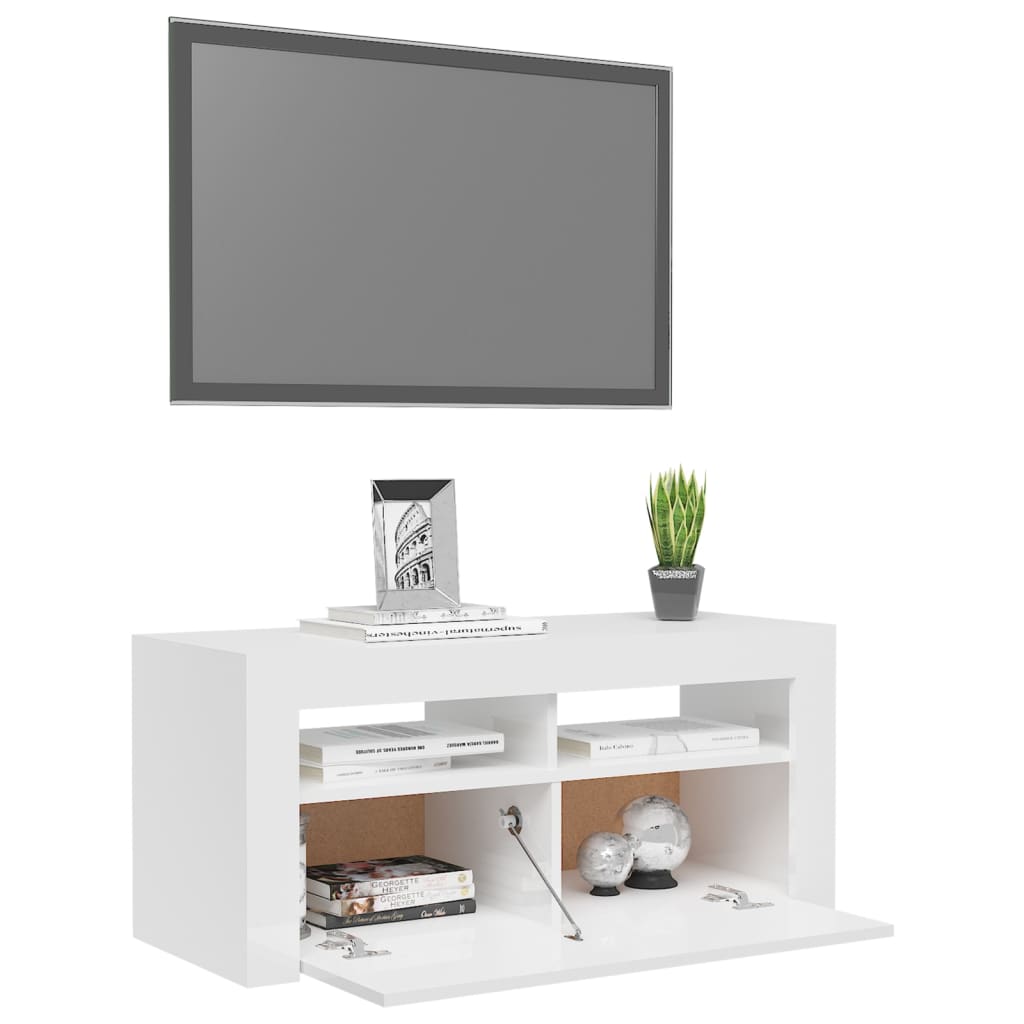 vidaXL TV-Schrank mit LED-Leuchten Hochglanz-Weiß 90x35x40 cm