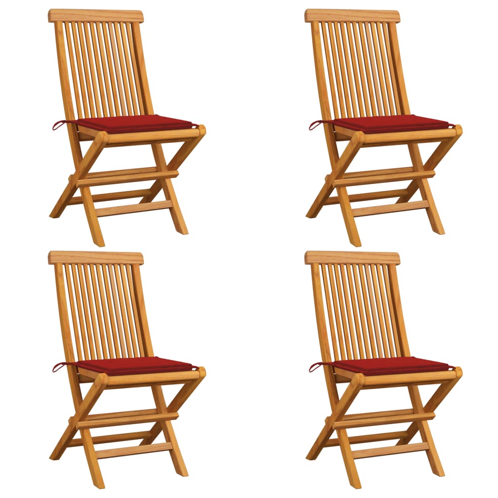 vidaXL Gartenstühle mit Roten Kissen 4 Stk. Teak Massivholz