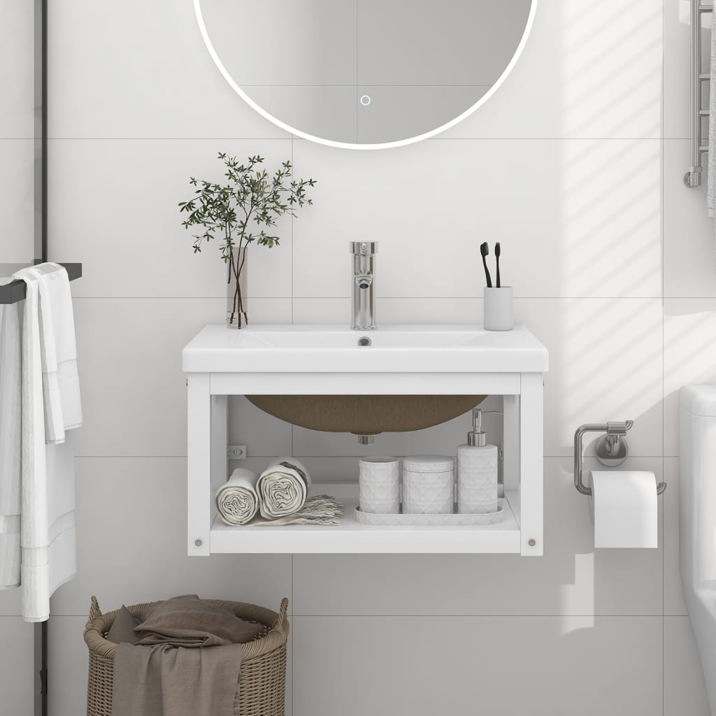 vidaXL Badezimmer-Waschtischgestell mit Waschbecken Weiß Eisen