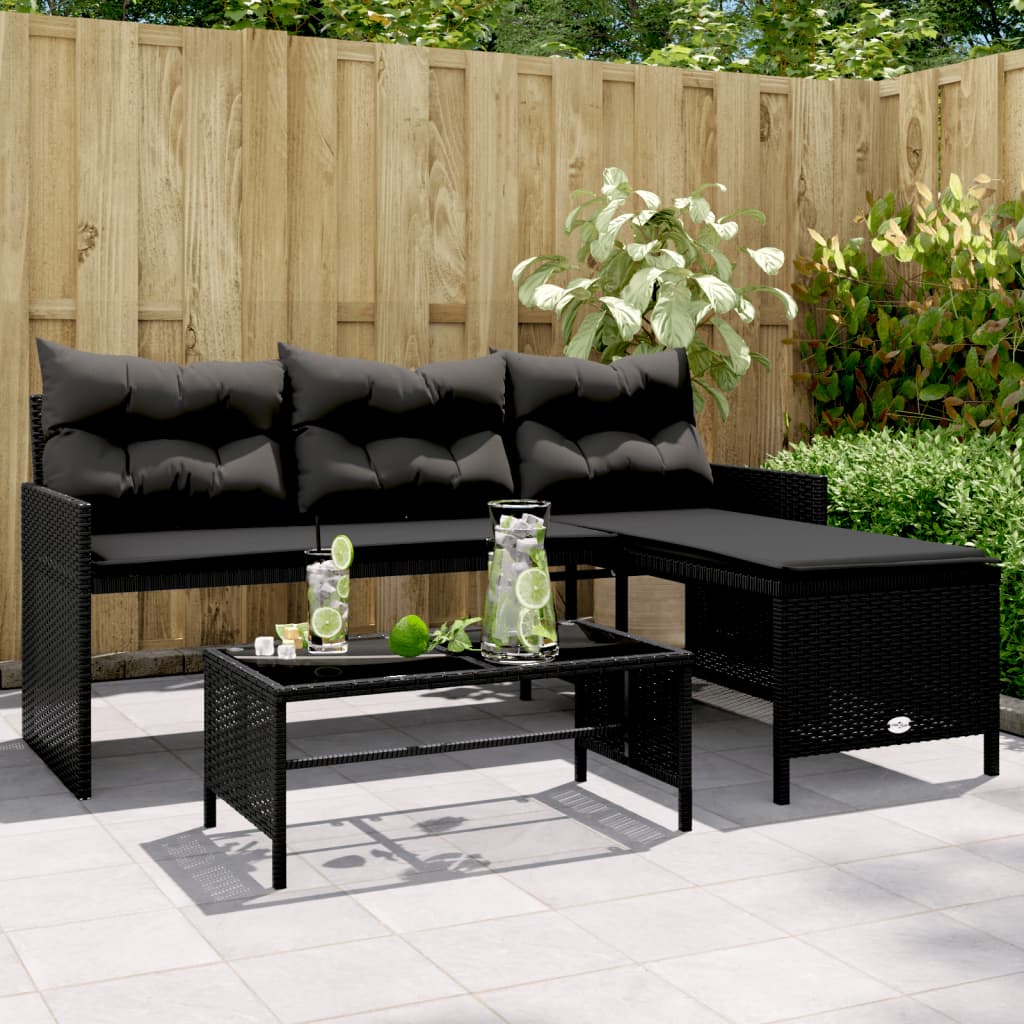 vidaXL Gartensofa in L-Form mit Tisch und Kissen Schwarz Poly Rattan