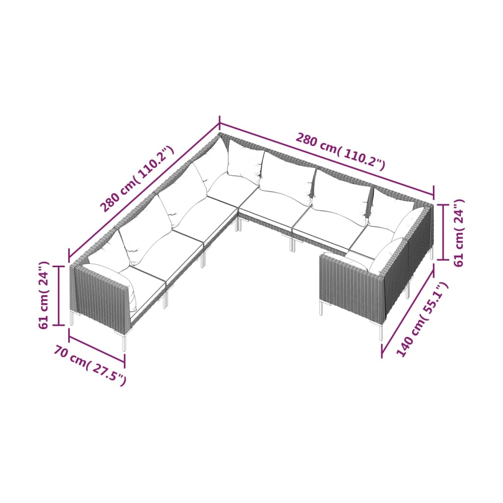 vidaXL 8-tlg. Garten-Lounge-Set mit Auflagen Poly Rattan Dunkelgrau