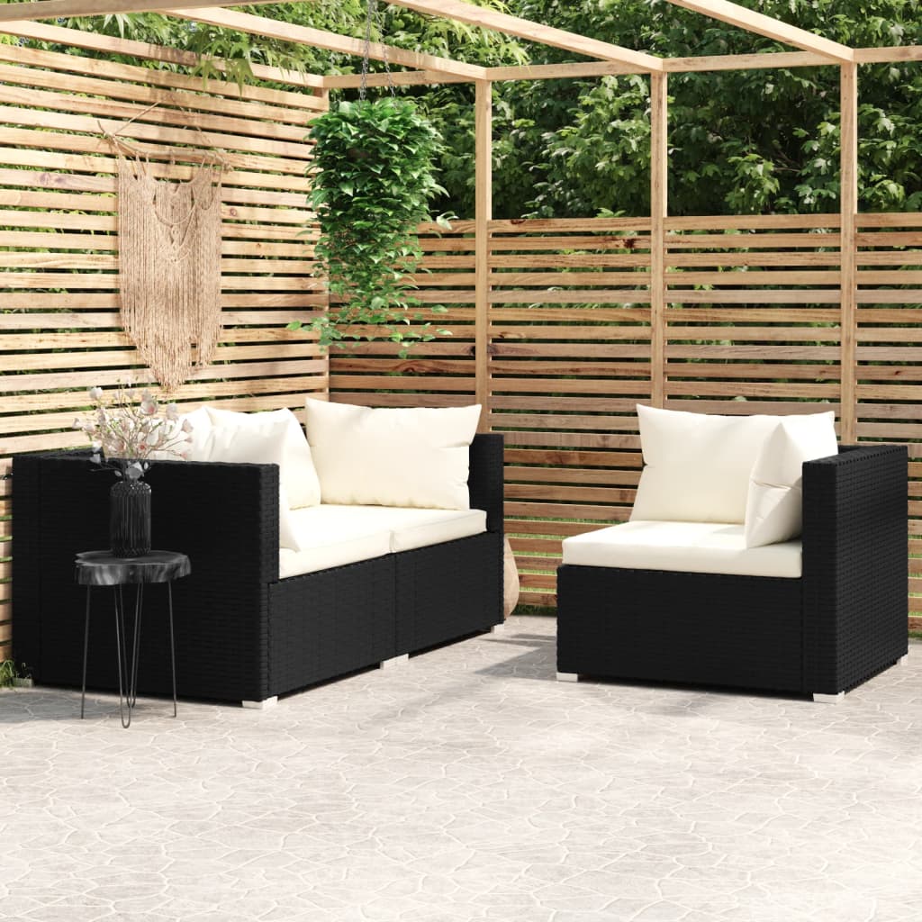 vidaXL 3-tlg. Garten-Lounge-Set mit Auflagen Schwarz Poly Rattan