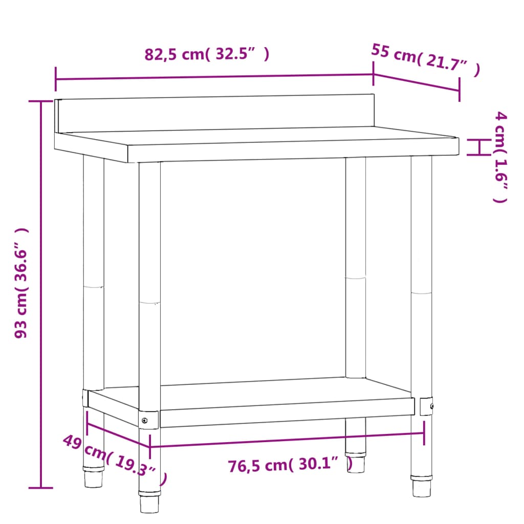 vidaXL Küchen-Arbeitstisch mit Aufkantung 82,5x55x93 cm Edelstahl