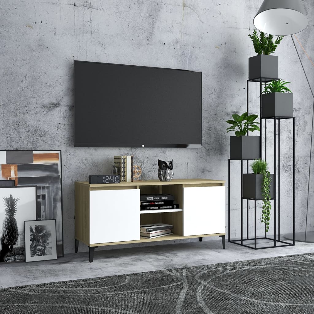 vidaXL TV-Schrank mit Metallbeinen Weiß Sonoma-Eiche 103,5x35x50 cm