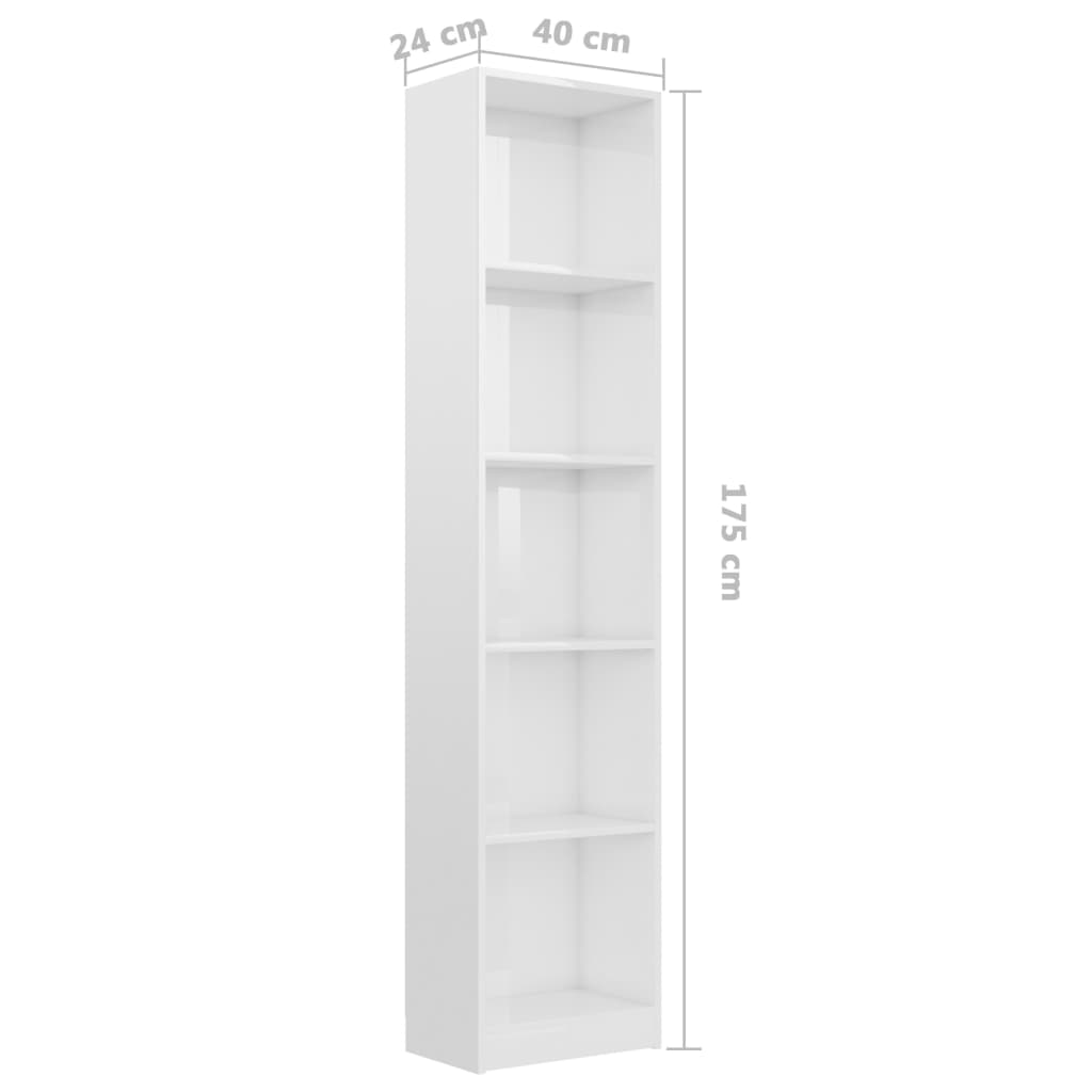 vidaXL Bücherregal 5 Fächer Hochglanz-Weiß 40x24x175 cm Holzwerkstoff