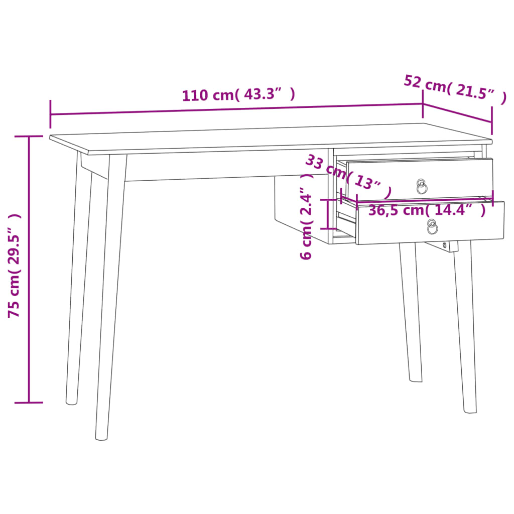 vidaXL Schreibtisch mit 2 Schubladen 110x52x75 cm Massivholz Teak