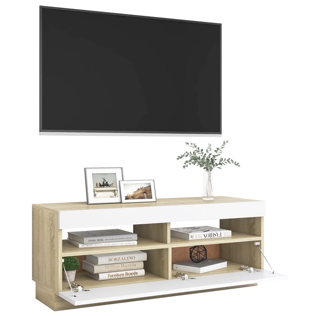 vidaXL TV-Schrank mit LED-Leuchten Weiß Sonoma-Eiche 100x35x40 cm