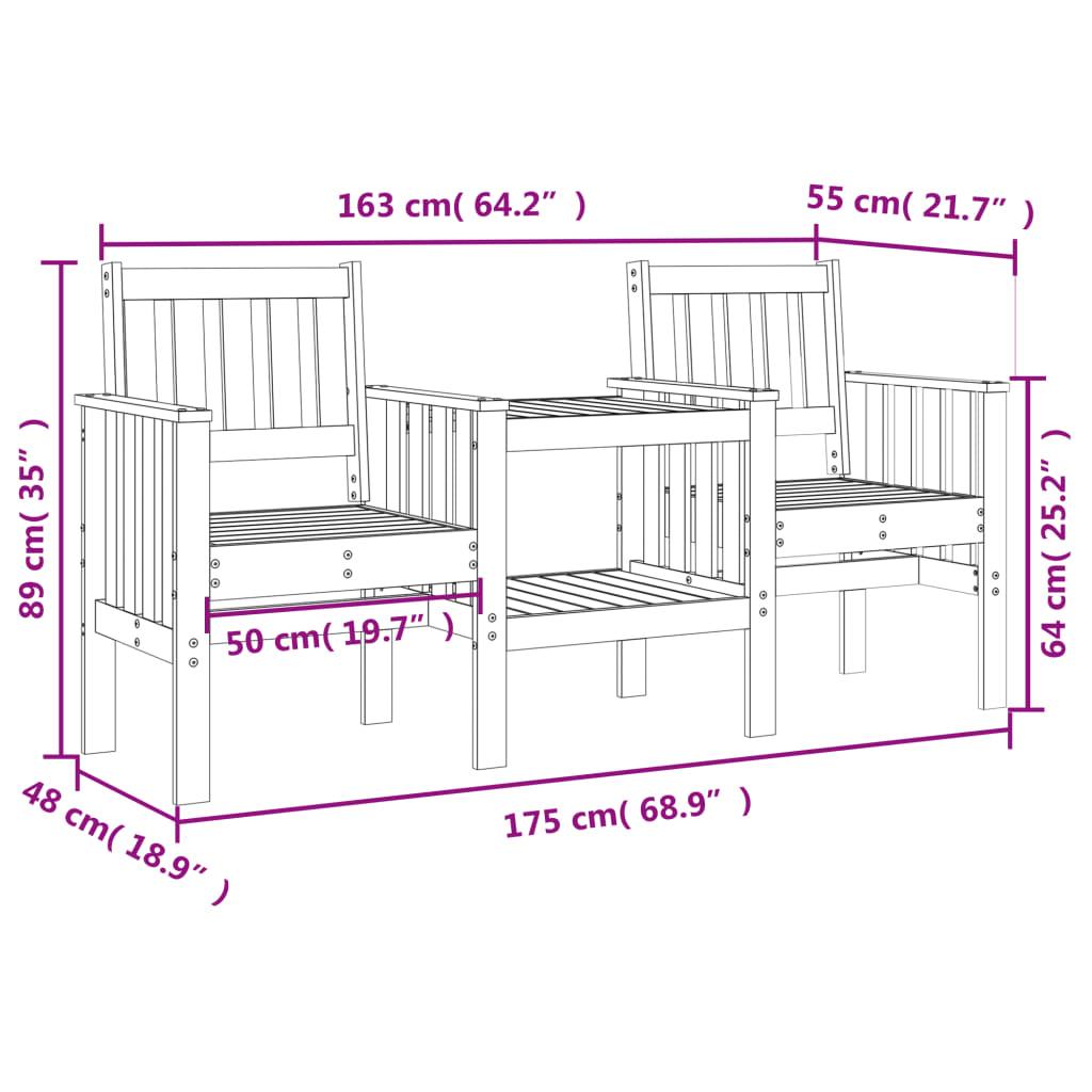 vidaXL Gartenbank mit Tisch 2-Sitzer Schwarz Massivholz Kiefer