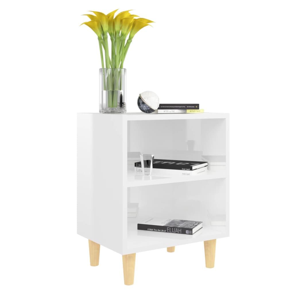 vidaXL Nachttisch mit Massivholz-Beinen Hochglanz-Weiß 40x30x50cm