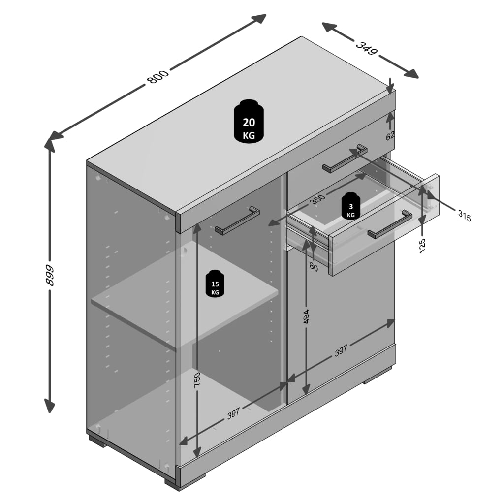 FMD Kommode mit 2 Türen & 2 Schubladen 80×34,9×89,9 cm Weiß/Betongrau
