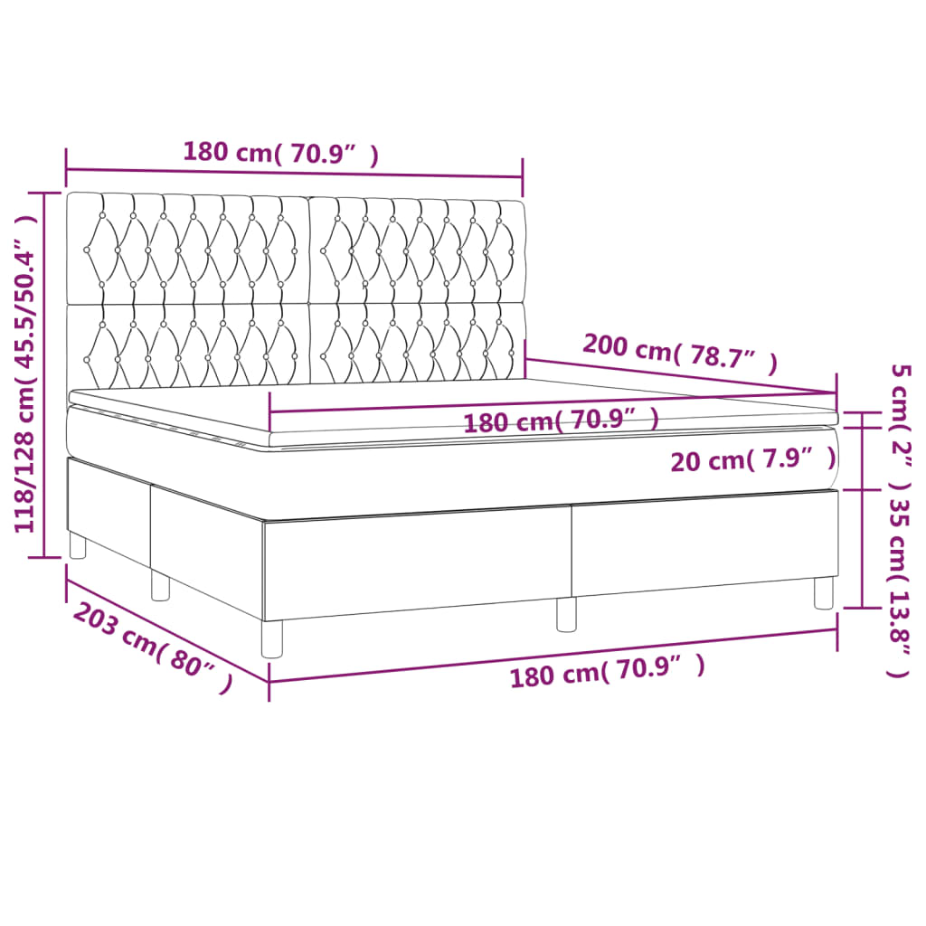 vidaXL Boxspringbett mit Matratze & LED Dunkelgrau 180x200 cm Stoff