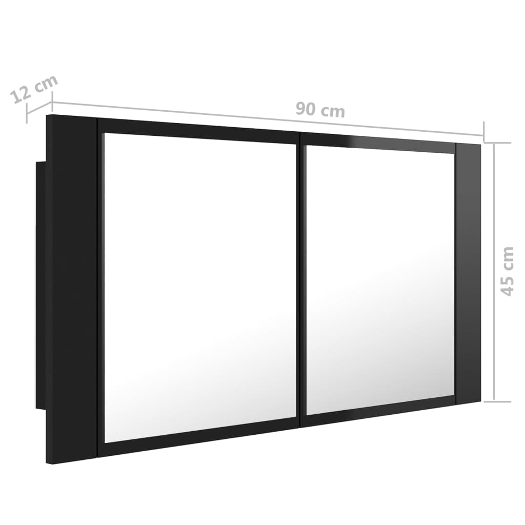 vidaXL LED-Bad-Spiegelschrank Hochglanz-Schwarz 90x12x45 cm Acryl