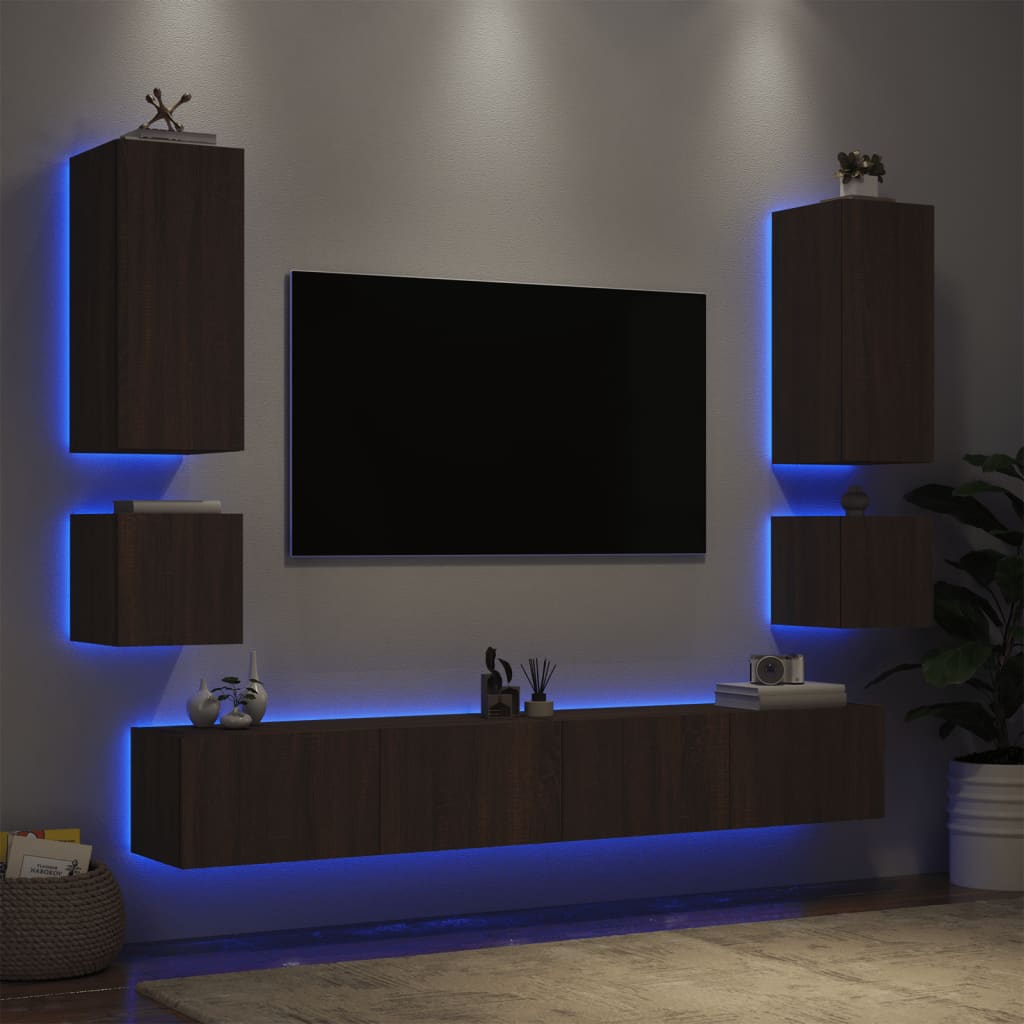 vidaXL 6-tlg. TV-Wohnwand mit LED-Leuchten Braun Eichen-Optik