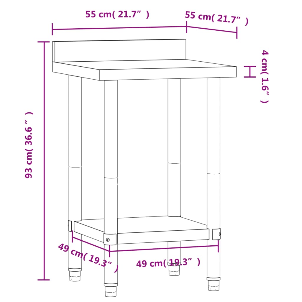 vidaXL Küchen-Arbeitstisch mit Aufkantung 55x55x93 cm Edelstahl