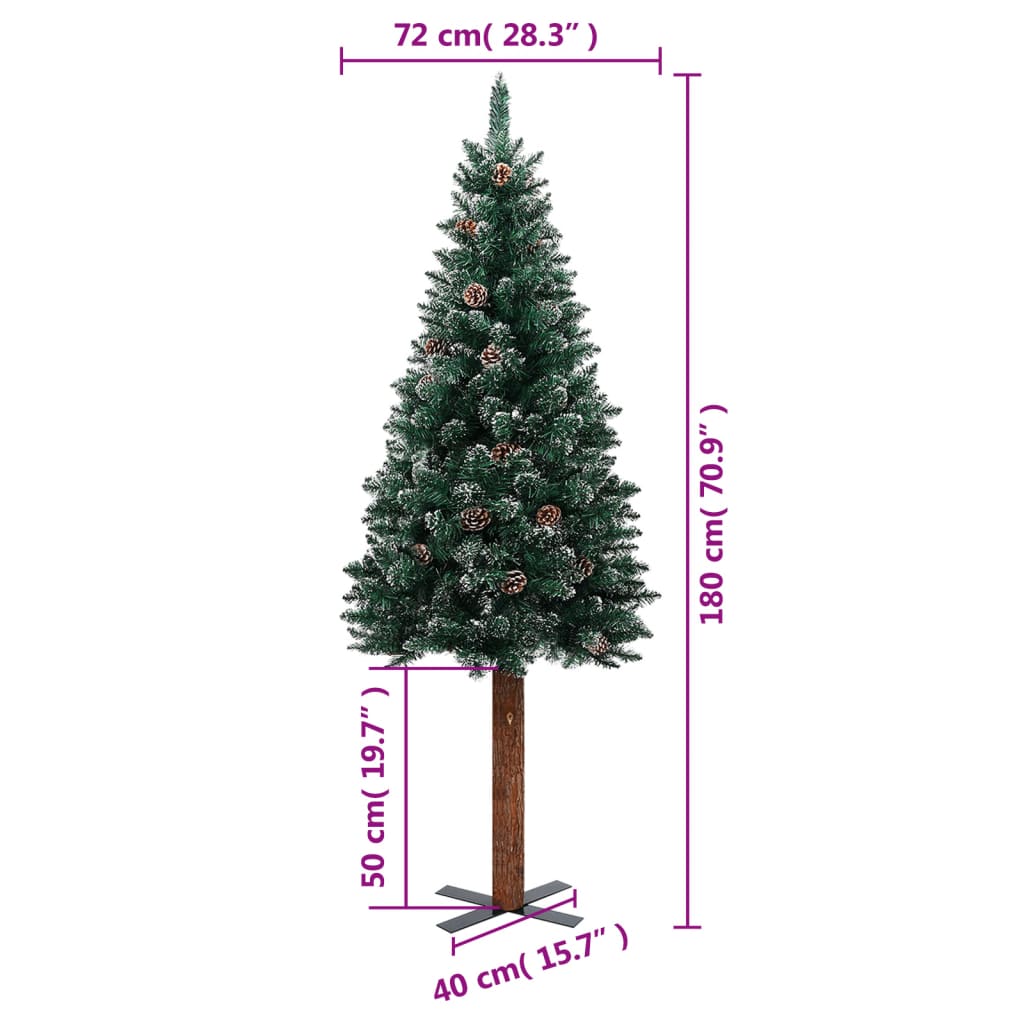 vidaXL Schlanker Weihnachtsbaum mit Echtholz und Schnee Grün 180 cm