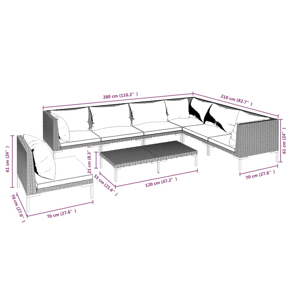 vidaXL 8-tlg. Garten-Lounge-Set mit Auflagen Poly Rattan Dunkelgrau
