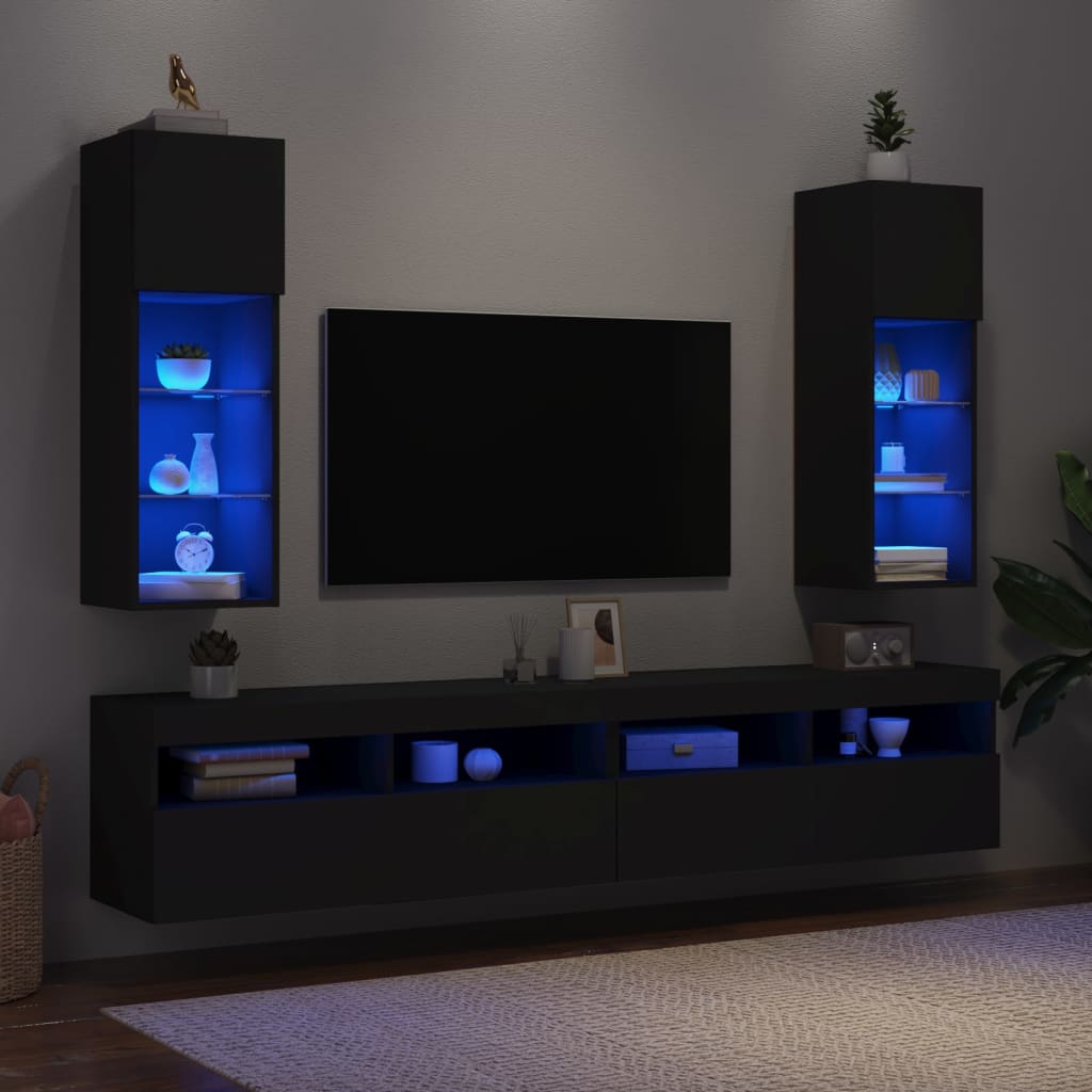 vidaXL TV-Schränke mit LED-Leuchten 2 Stk. Schwarz 30,5x30x90 cm