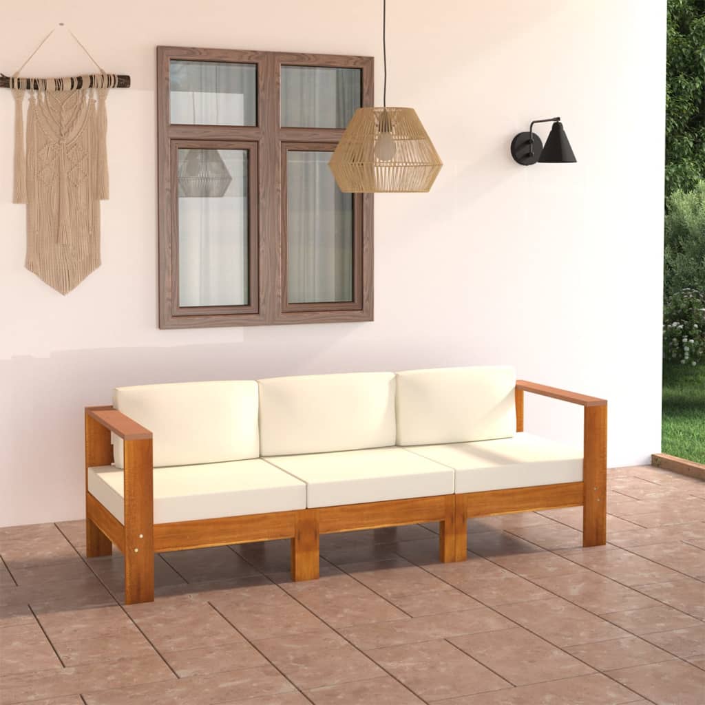 vidaXL 3-Sitzer-Gartensofa mit Cremeweißen Auflagen Massivholz Akazie