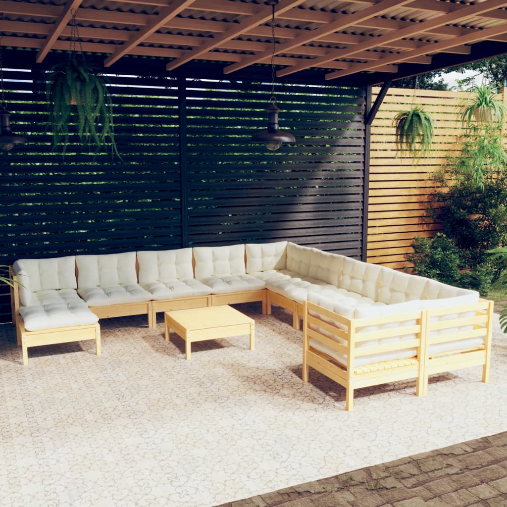 vidaXL 12-tlg. Garten-Lounge-Set mit Creme Kissen Kiefernholz