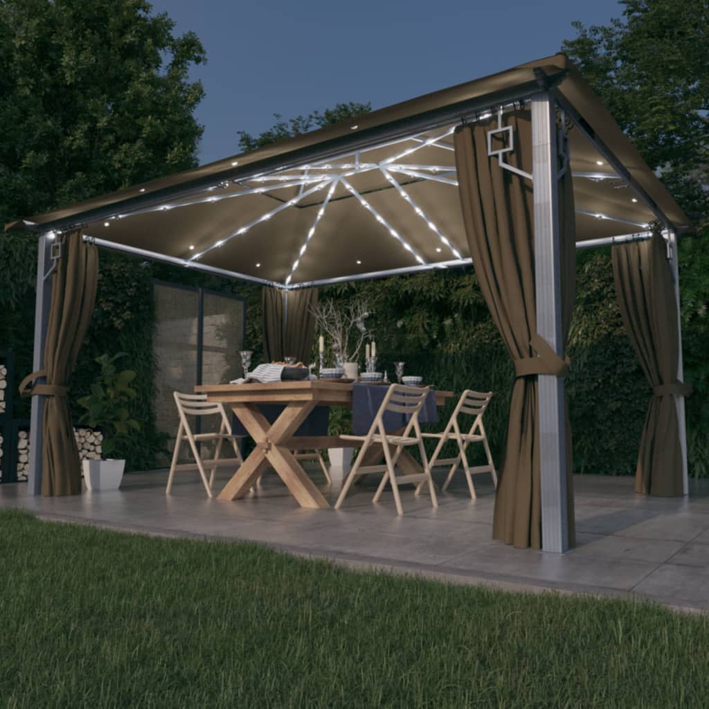 vidaXL Pavillon mit Vorhängen & LED-Lichterkette 400x300 cm Taupe Alu