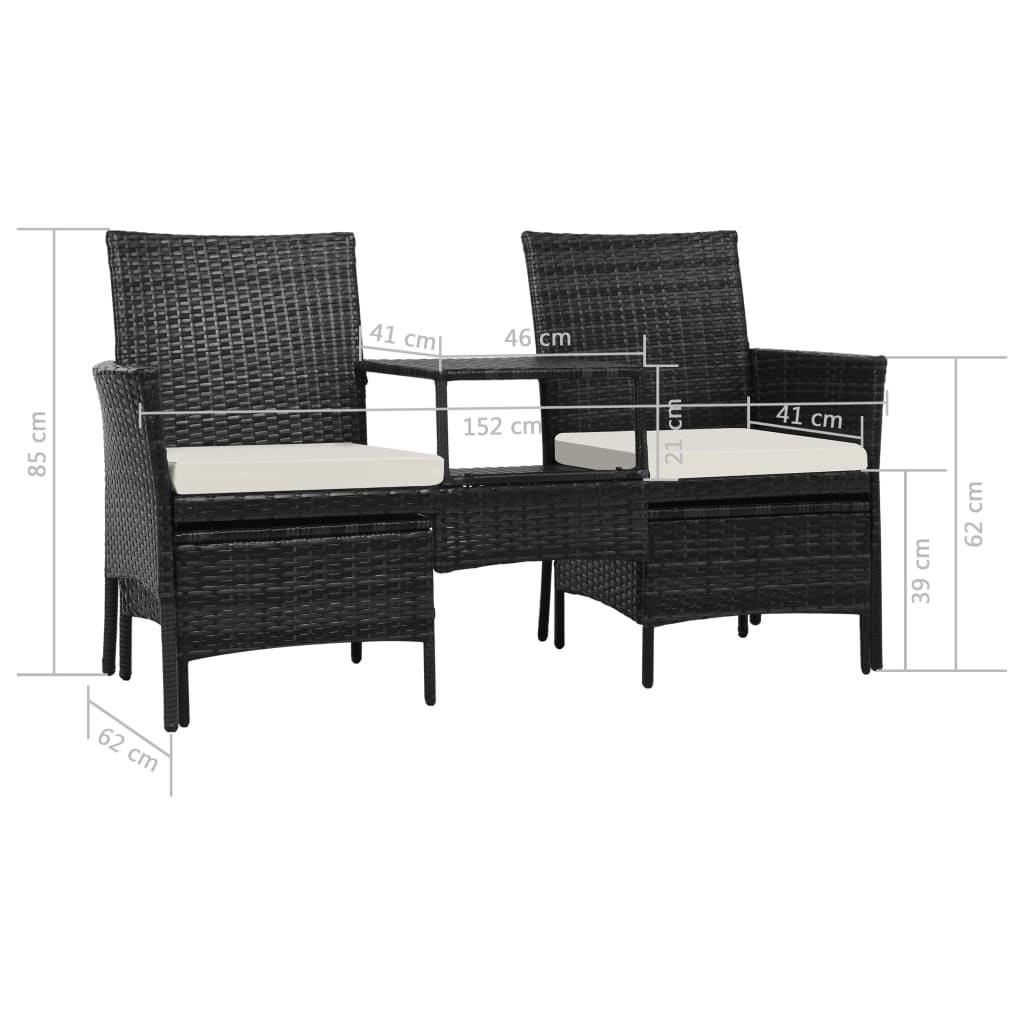 vidaXL 2-Sitzer-Gartensofa mit Tisch & Hocker Poly Rattan Schwarz