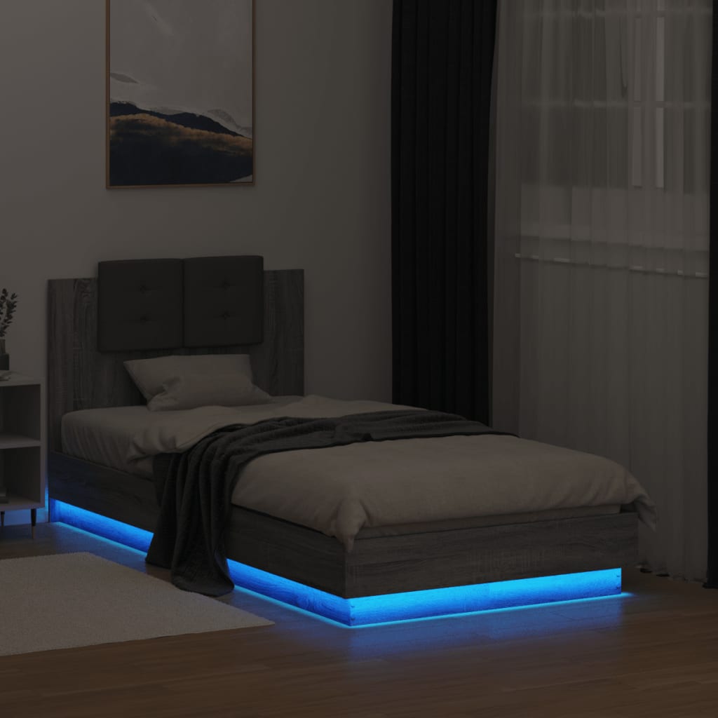 vidaXL Bettgestell mit Kopfteil und LED-Leuchten Grau Sonoma 90x190 cm