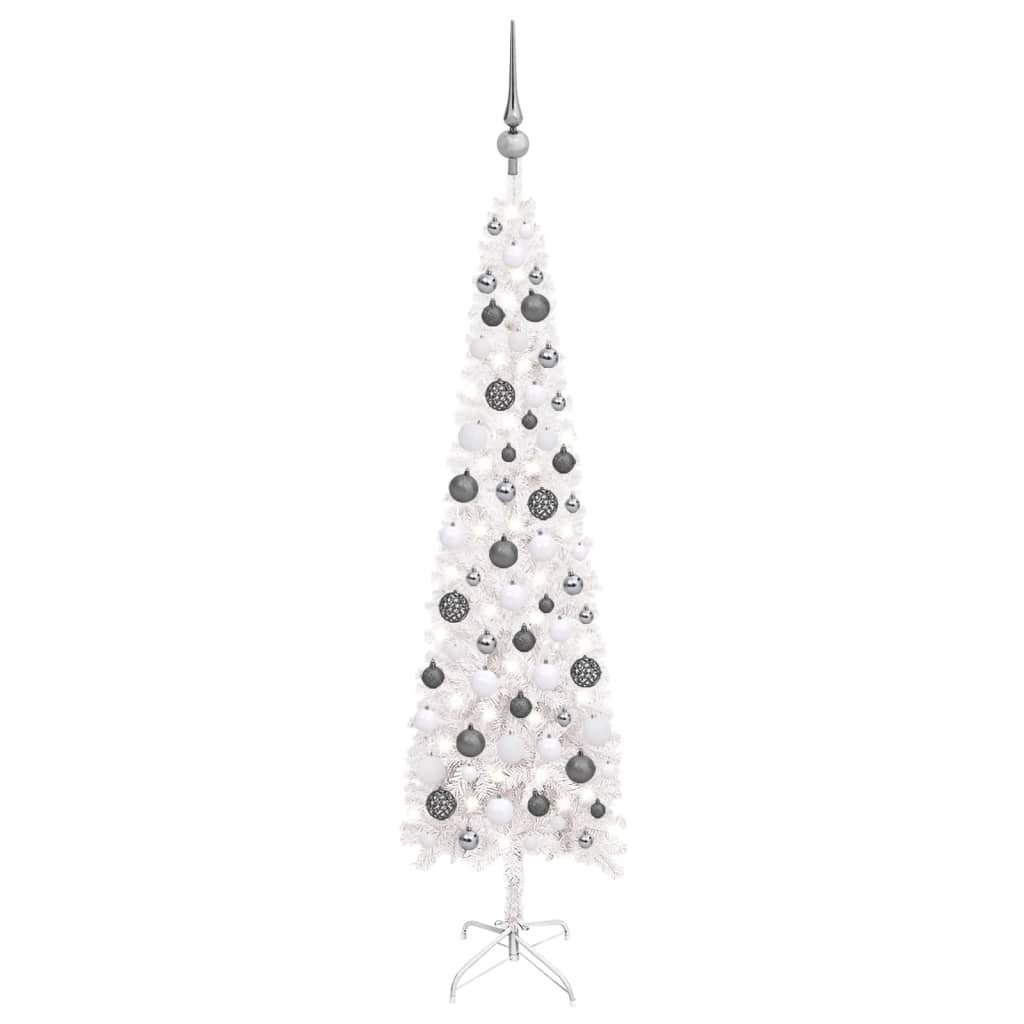 vidaXL Weihnachtsbaum Schlank mit Beleuchtung & Kugeln Weiß 120 cm