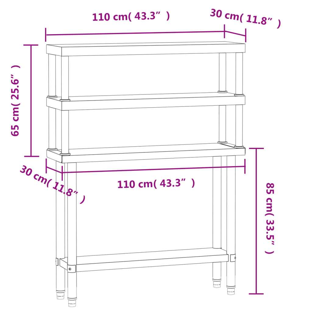 vidaXL Küchen-Arbeitstisch mit Aufsatzboard 110x30x150 cm Edelstahl