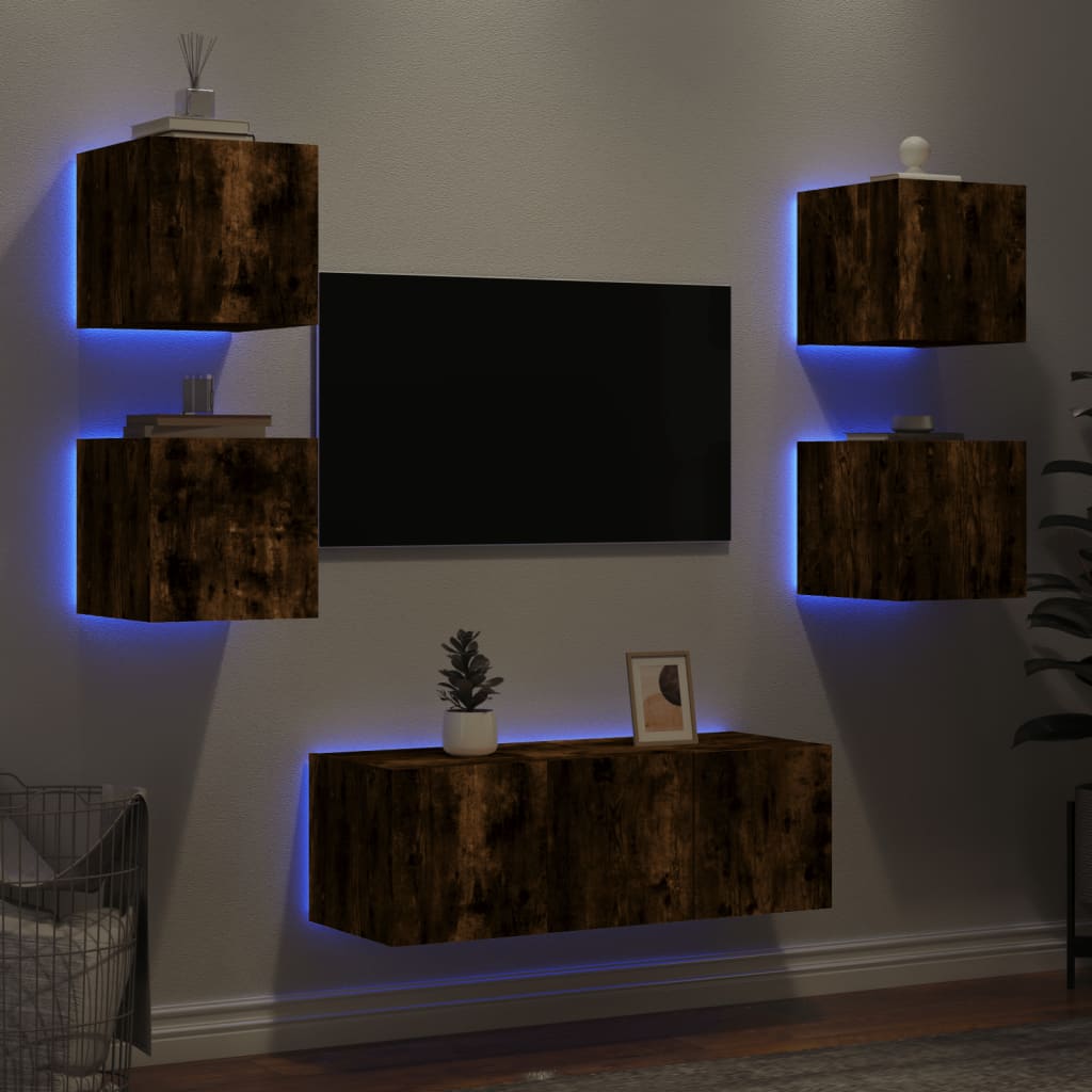 vidaXL 6-tlg. Wohnwand mit LED-Beleuchtung Räuchereiche Holzwerkstoff