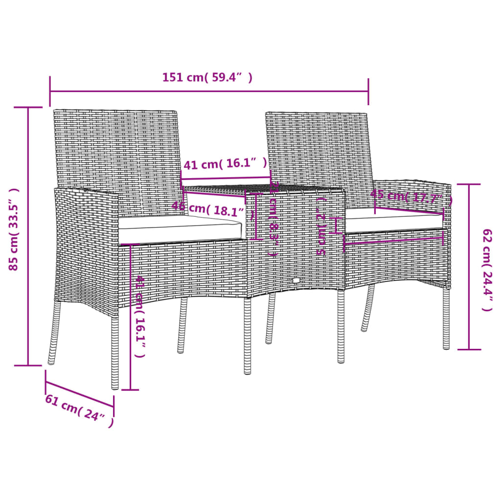 vidaXL 2-Sitzer Gartensofa mit Teetisch Poly Rattan Braun