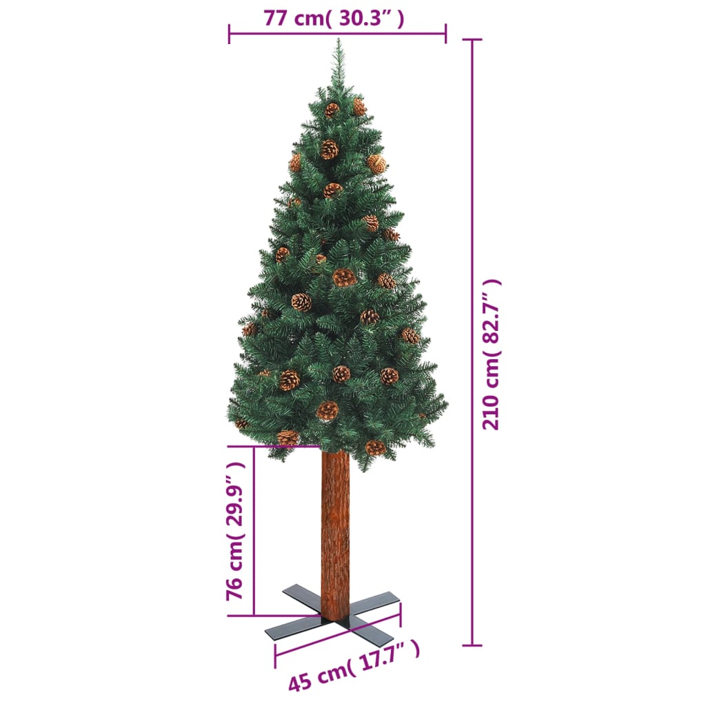 vidaXL Weihnachtsbaum Schlank mit Echtholz und Zapfen Grün 210 cm PVC