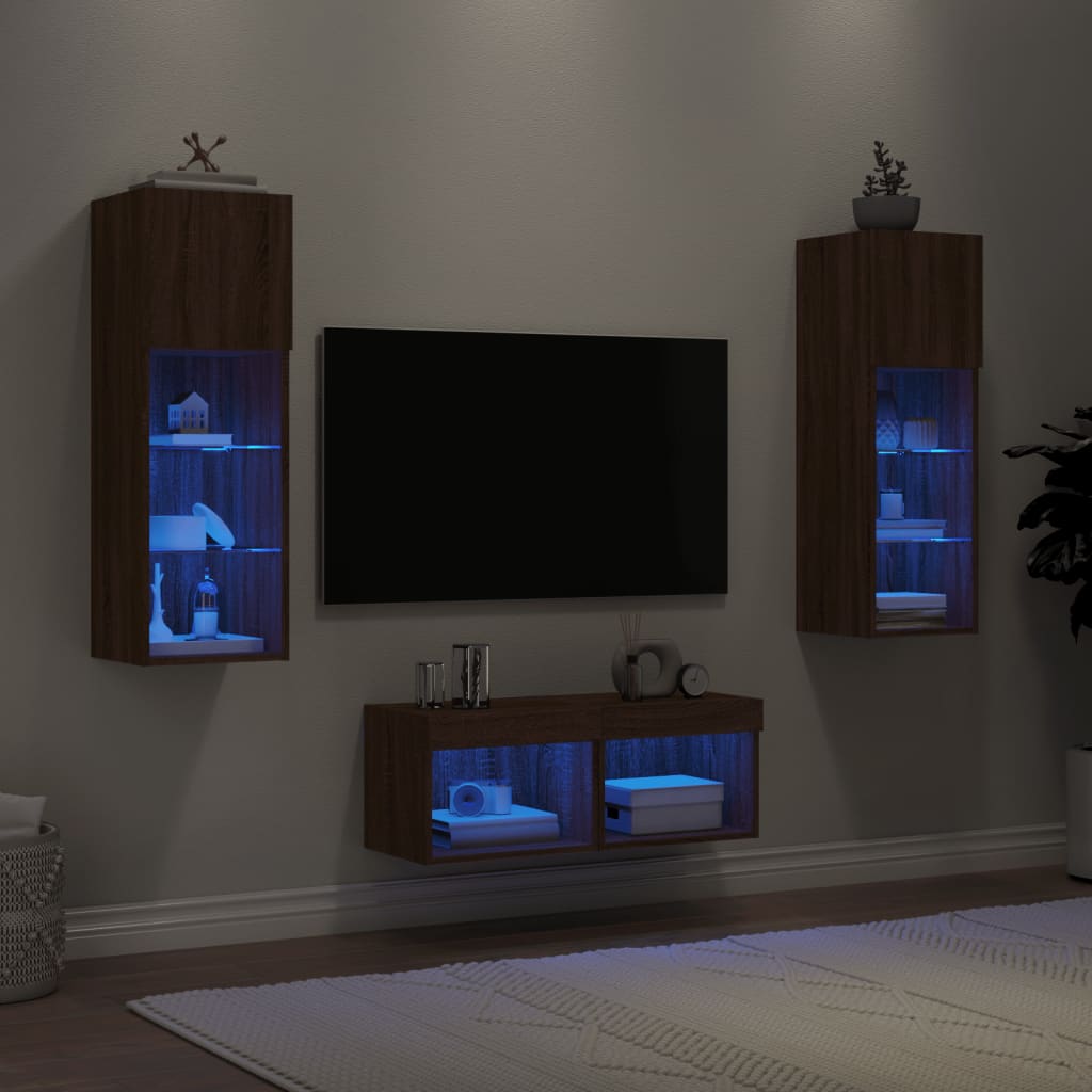 vidaXL 4-tlg. TV-Wohnwand mit LED-Leuchten Braun Eichen-Optik