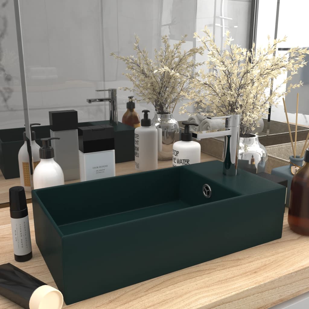 vidaXL Badezimmer-Waschbecken mit Überlauf Keramik Dunkelgrün