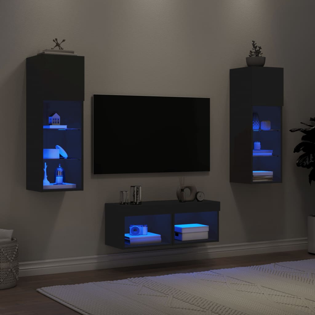 vidaXL 4-tlg. TV-Wohnwand mit LED-Leuchten Schwarz