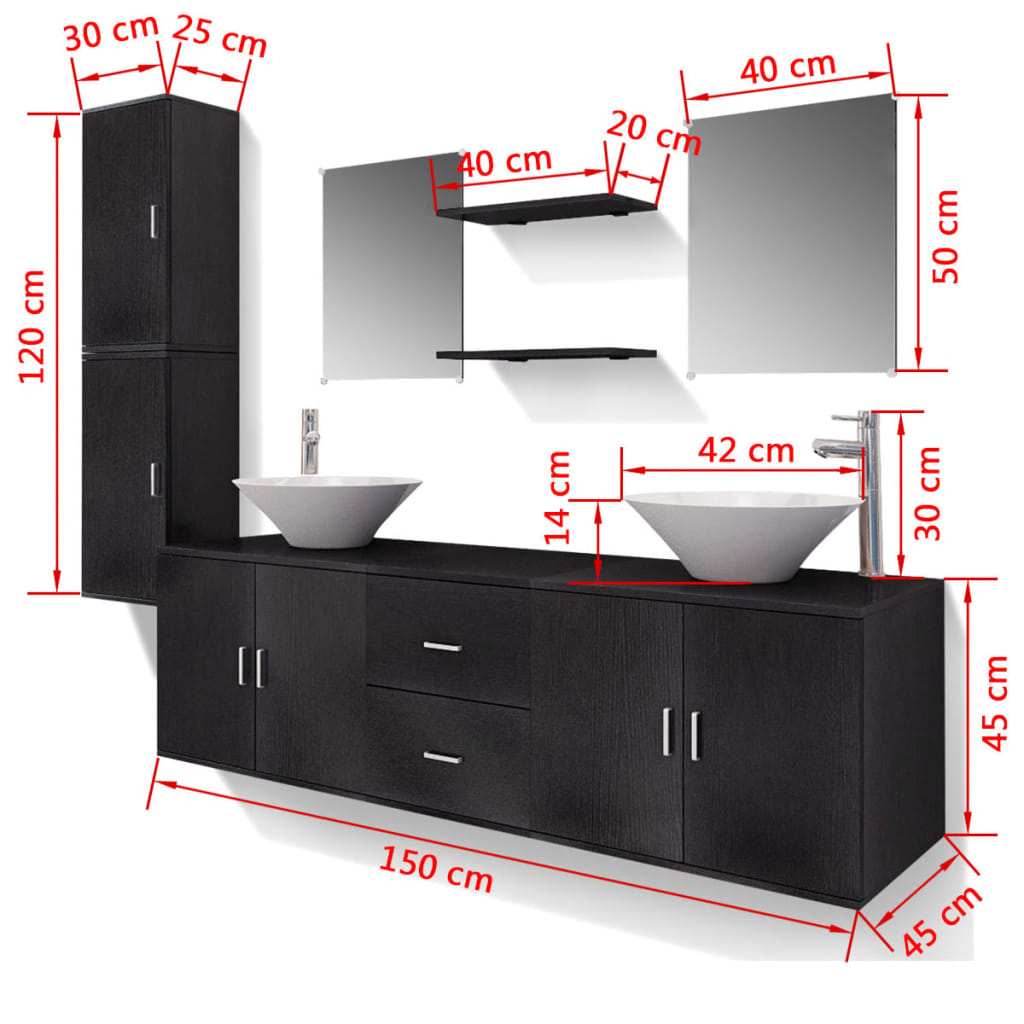 vidaXL 11-tlg. Badmöbel-Set mit Waschbecken und Wasserhahn Schwarz