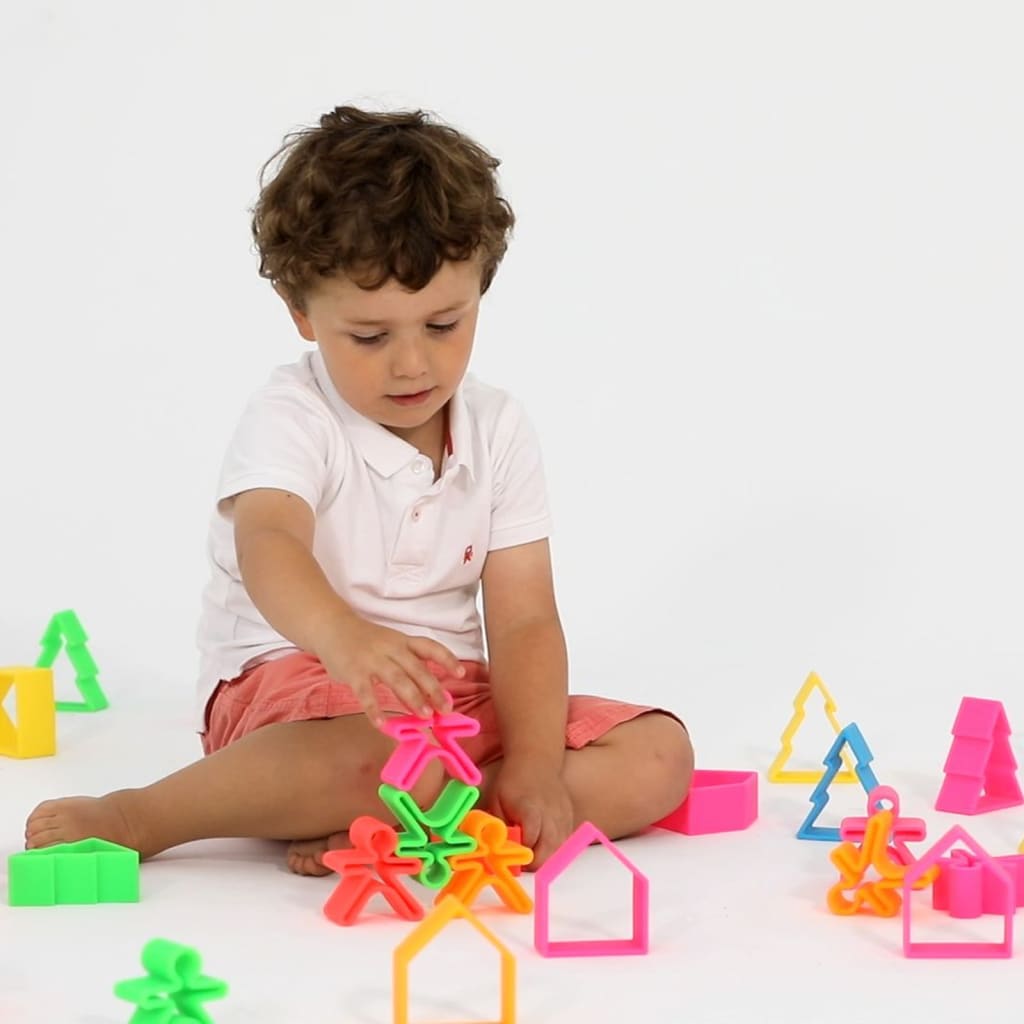 dëna Silikon-Spielzeug-Set Kinder, Häuser & Bäume Neon 54 Stk.