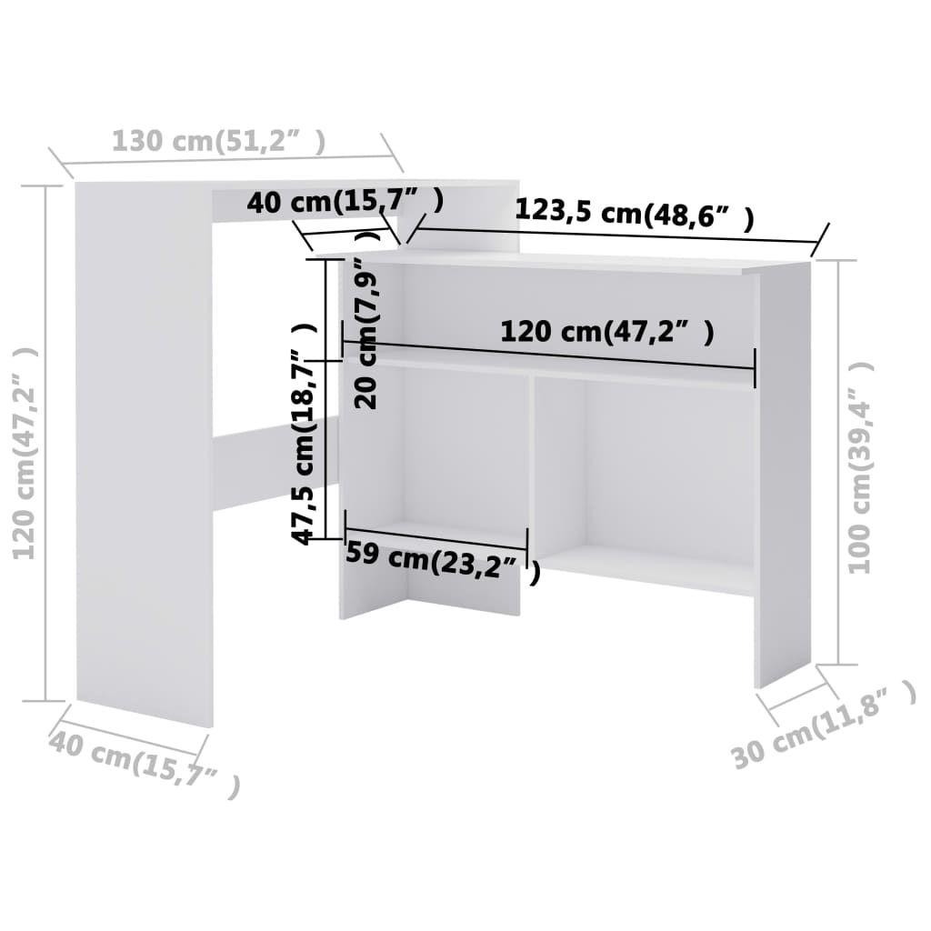 vidaXL Bartisch mit 2 Tischplatten Weiß 130x40x120 cm