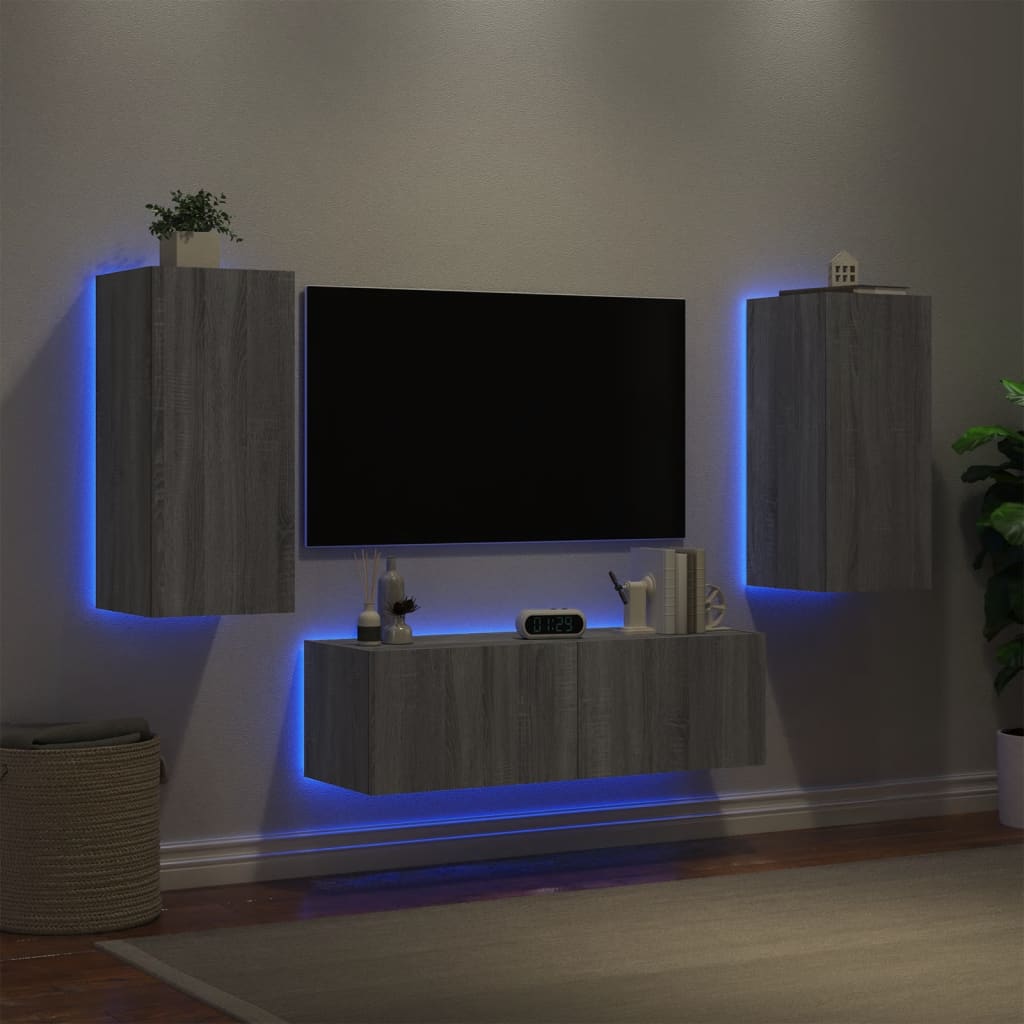 vidaXL 3-tlg. TV-Wohnwand mit LED-Leuchten Grau Sonoma