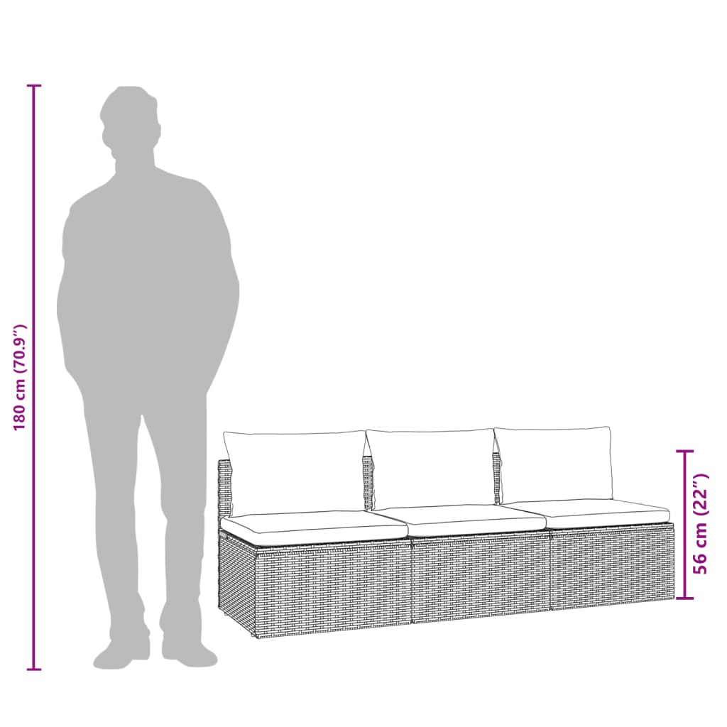 vidaXL Gartensofa 3-Sitzer mit Kissen Grau Poly Rattan