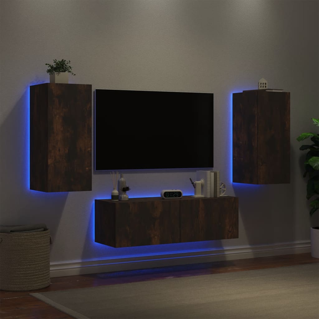 vidaXL 3-tlg. TV-Wohnwand mit LED-Leuchten Räuchereiche