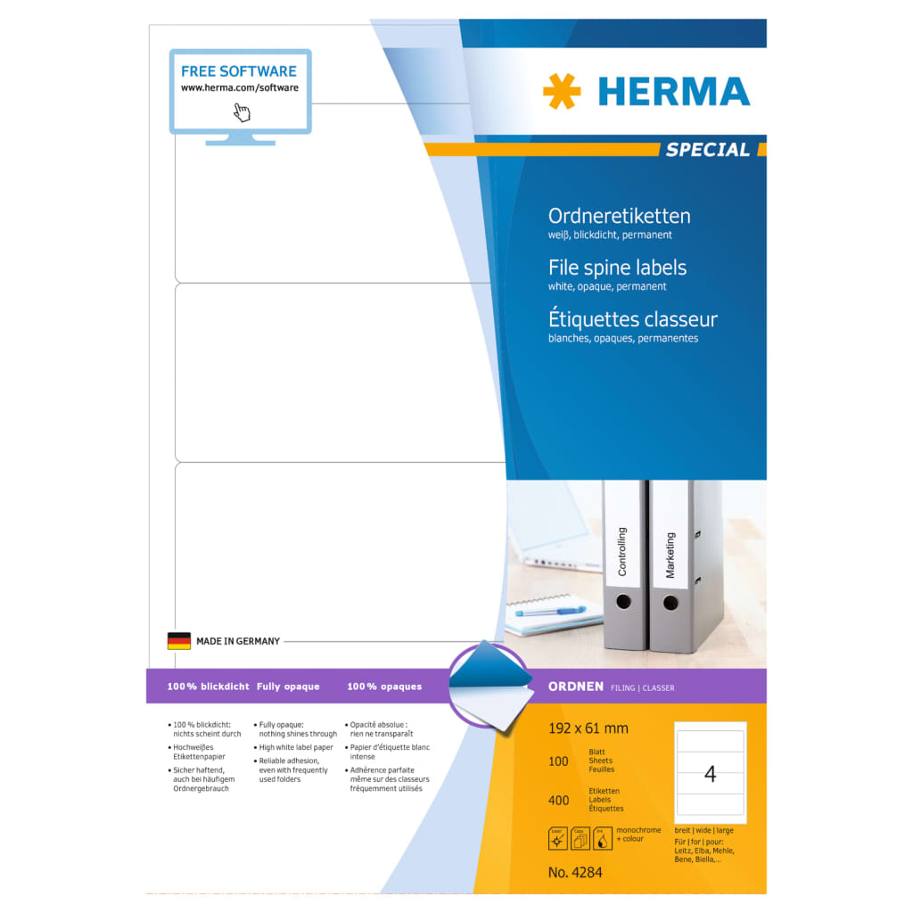 HERMA Ordner-Etiketten LAF Permanent A4 192x61 mm 100 Blätter Weiß