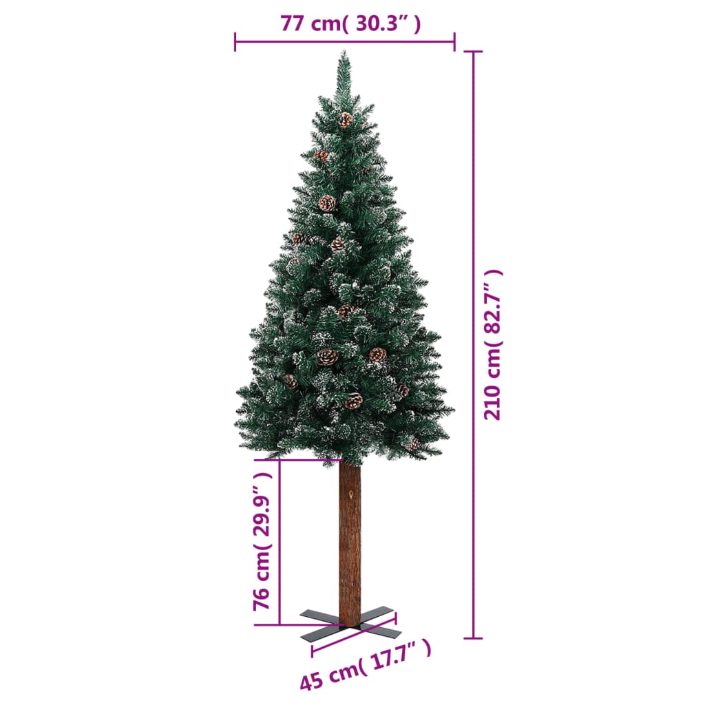 vidaXL Weihnachtsbaum Schlank mit Echtholz und Schnee Grün 210 cm