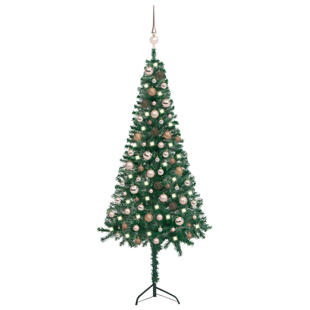 vidaXL Künstlicher Eck-Weihnachtsbaum LEDs & Kugeln Grün 150 cm PVC