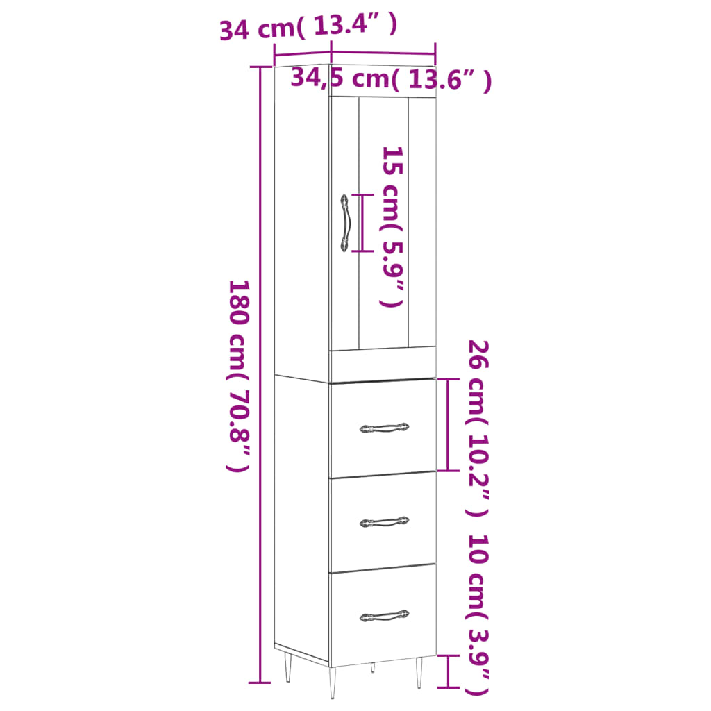 vidaXL Highboard Grau Sonoma 34,5x34x180 cm Holzwerkstoff