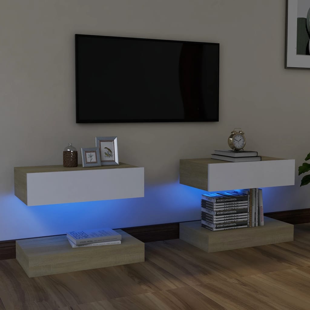 vidaXL TV-Schränke LED-Leuchten 2 Stk. Weiß Sonoma-Eiche 60x35 cm