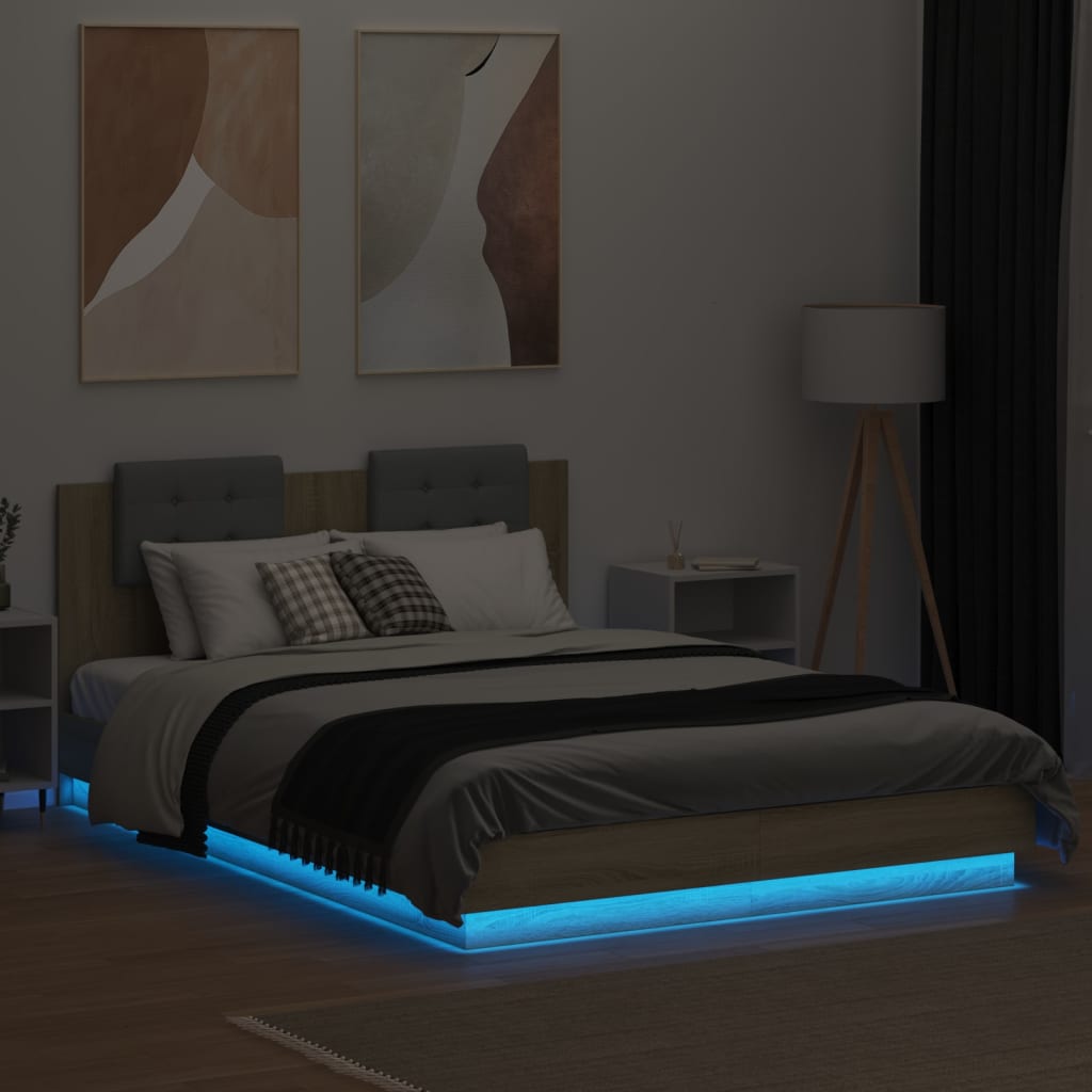vidaXL Bettgestell mit Kopfteil & LED-Leuchten Sonoma-Eiche 150x200 cm